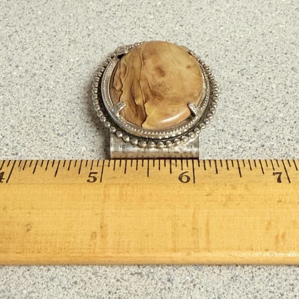 Vintage Silver Tone Money Clip w/ Natural Stone Cabochon Inlay Brown Tan Jasper